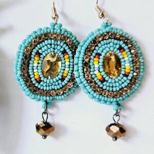 2/$27 | Turquoise Dangle Shield Beaded Indigenous Hoop Earrings | Handmade